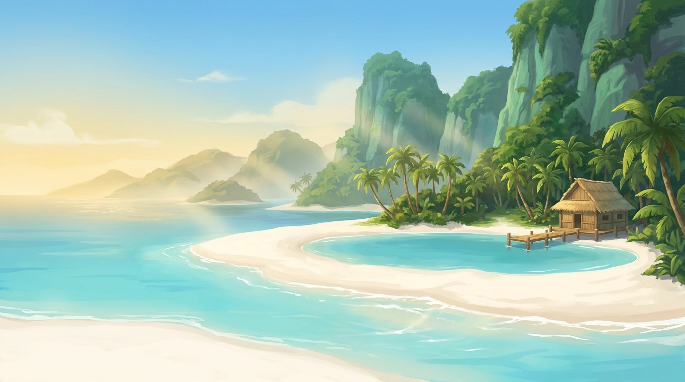 Painterly daytime view of a tropical sanctuary island cove