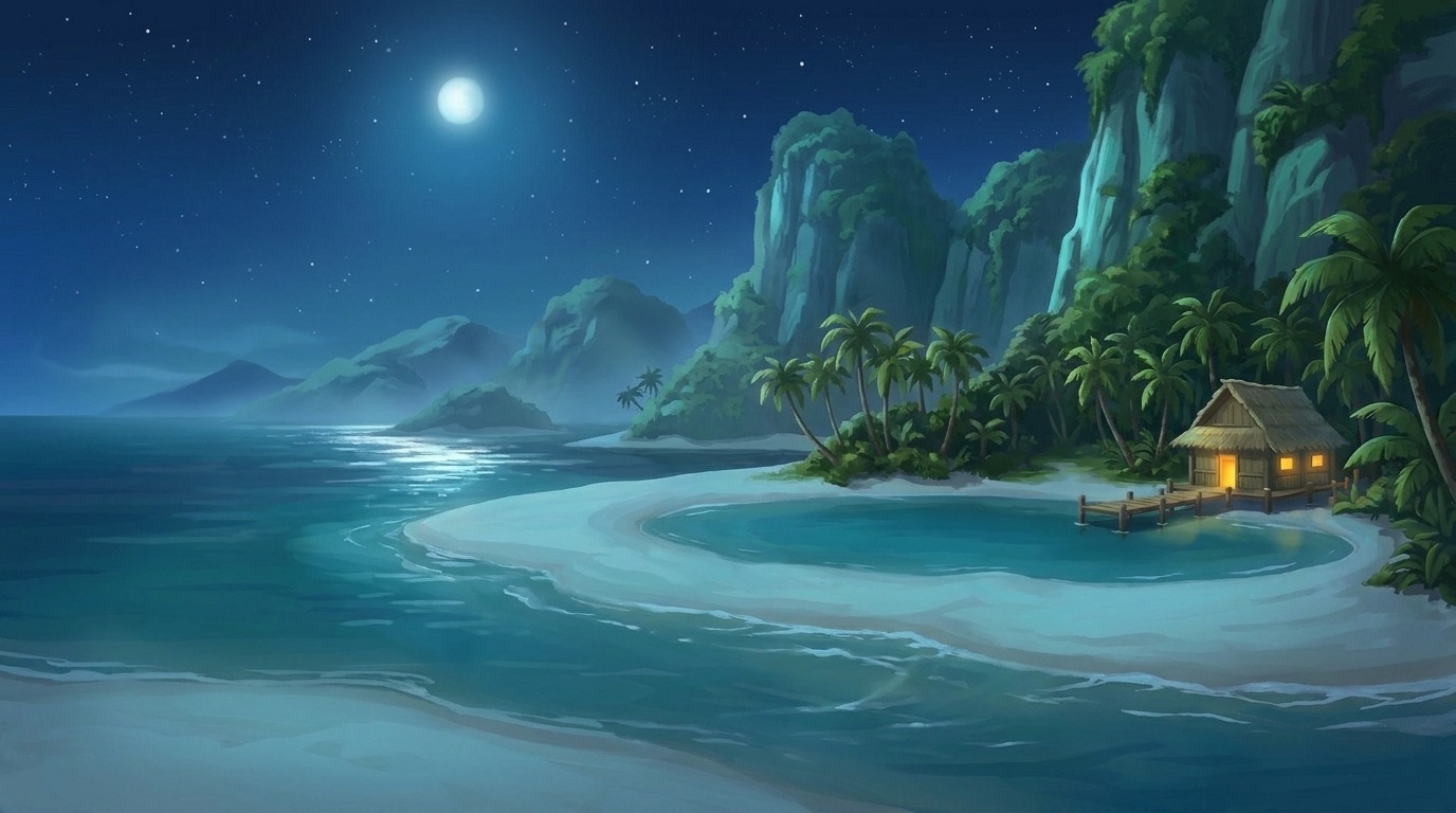 Painterly nighttime view of the same tropical sanctuary island cove under a moonlit, starry sky